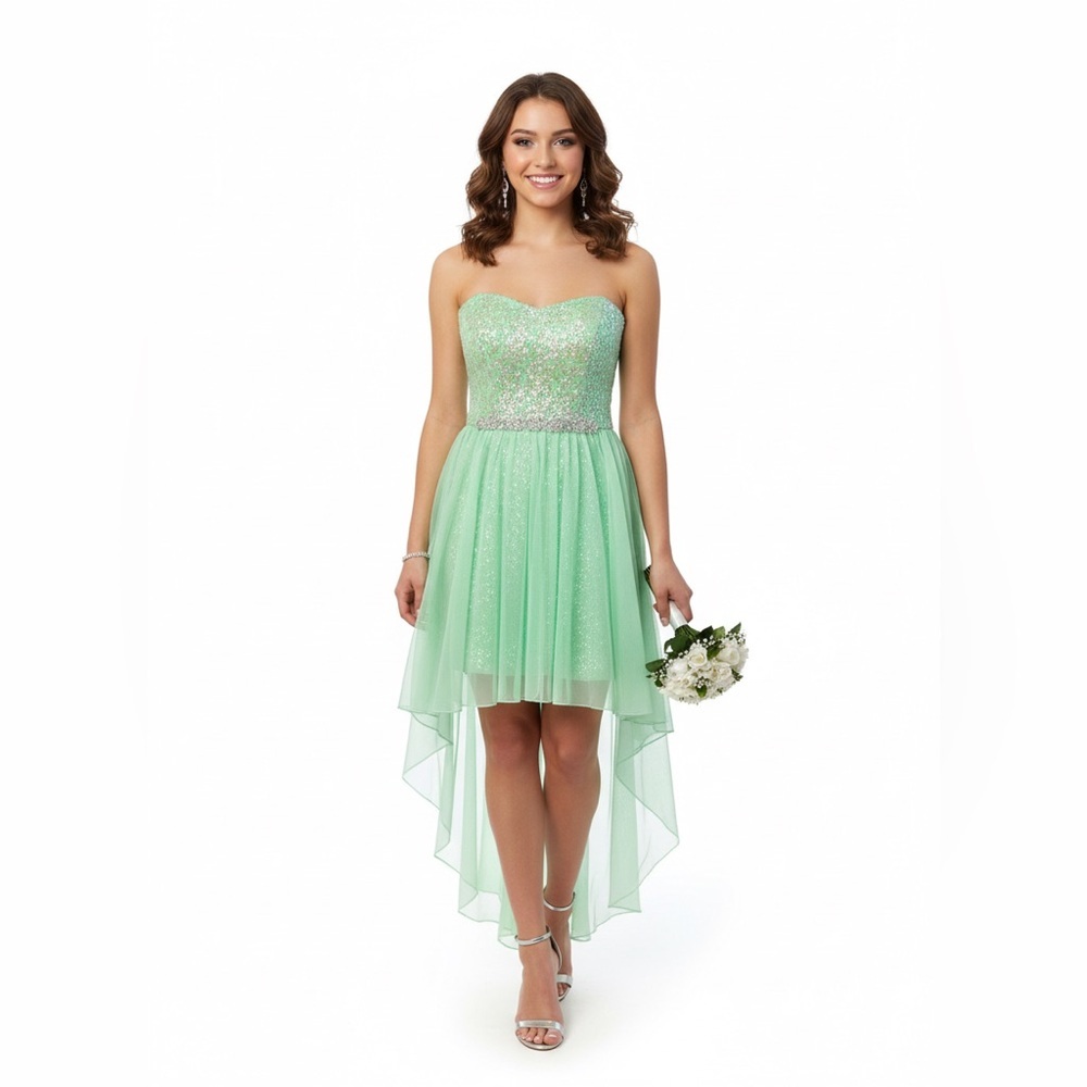 Jodi Kristopher Mint Sequin High Low Strapless Party Dress 7